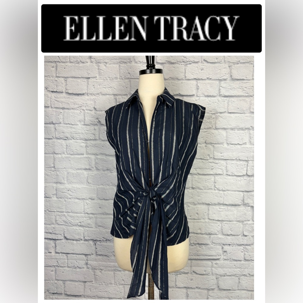 EllenTracy navy blue white and gold stripe sleevless front tie top  XS